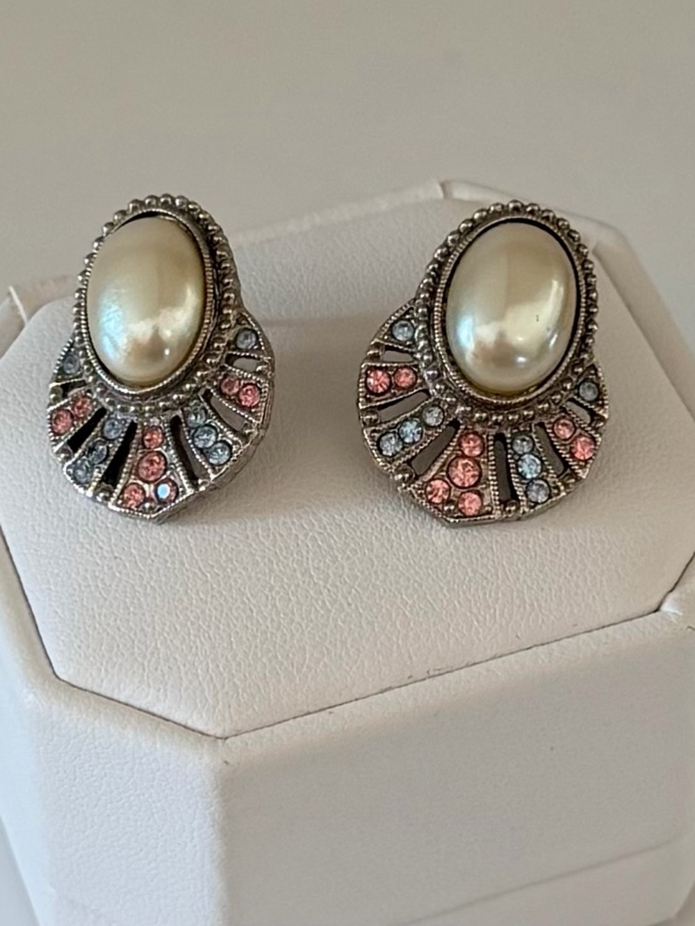 Pearl Cabochon Pink & Blue Crystal Fan Stud Earrings